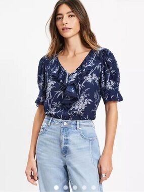 Loft Palm lace trim ruffle blouse size medium